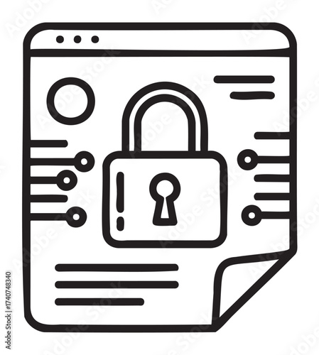 Simplistic black outline drawing of a locked padlock over a web page document, symbolizing online security and data protection.