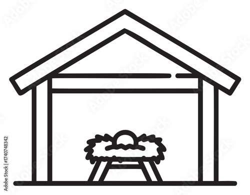 Black outline vector icon depicting a simple stable with a manger and a round bundle of hay inside, representative of nativity scenes.