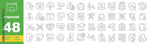 Cybercrime line icon set. Editable stroke icons for website. Containing user, warning, question mark, shield, cursor, siren, barcode, fingerprint, hand, password, megaphone, document, magnifier.