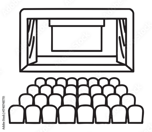 Black outline vector icon of a simple cinema hall with rows of seats facing a large screen in a stage-like setting.