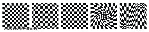 Abstract optical illusion distorted checkerboard pattern set black and white geometric background