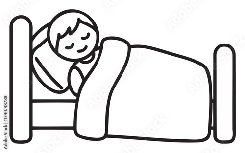 Simple black outline drawing of a person peacefully sleeping in bed with a pillow and blanket, illustrating rest and bedtime.