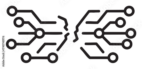 Black outline of a stylized circuit board pattern with intersecting lines and circular nodes, representing technology and connectivity.