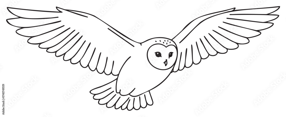 Fototapeta premium Black outline of a barn owl in flight with wings fully extended, showcasing detailed feather patterns and a characteristic heart-shaped face.