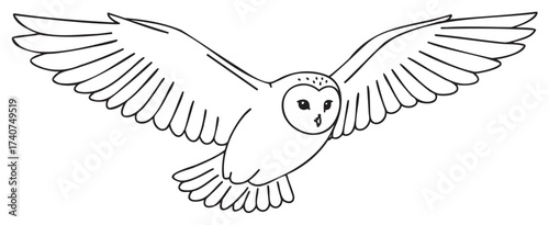 Black outline of a barn owl in flight with wings fully extended, showcasing detailed feather patterns and a characteristic heart-shaped face.