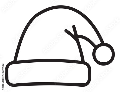 Black outline vector icon of a classic santa hat with a pom-pom. minimal linear design for holiday, christmas, and festive themes.
