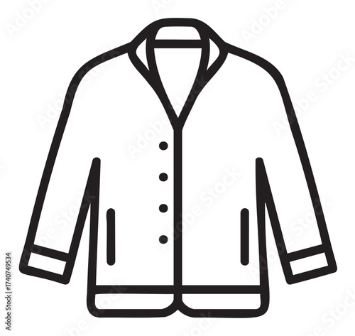 Black outline icon of a classic buttoned blazer with pockets and a collar designed for formal or business attire.