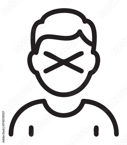 Black outline icon of a male face with eyes crossed out, symbolizing anonymity or censorship.