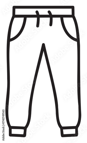 Black outline drawing of casual sweatpants with pockets and an elastic waistband, suitable for athletic and leisure activities.