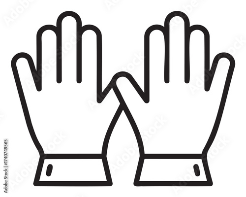 Black outline icon of a pair of simple gloves with cuffs, depicting protective handwear for cold weather or safety purposes.