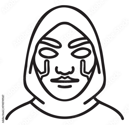 Black outline vector icon of an anonymous person wearing a hood, featuring geometric facial patterns suggesting a mask or digital avatar.