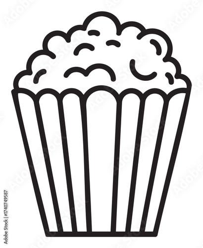Black outline vector icon of a popcorn bucket with scalloped edges filled with fluffy popcorn. ideal for themes related to snacks and entertainment.