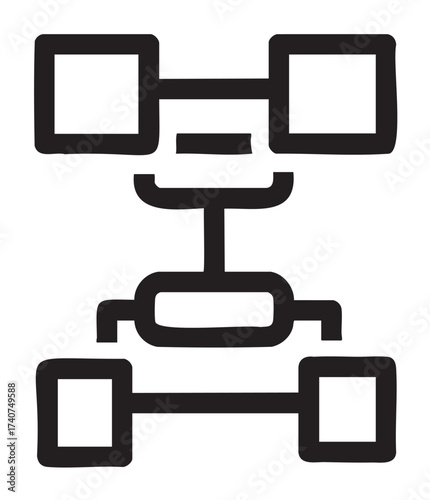 Black outline icon of a simple car chassis with wheels, drive shaft, and axles, illustrating the basic framework of an automobile.