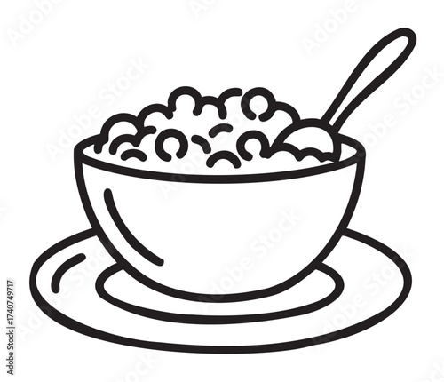 Black outline icon of a bowl filled with cereal and a spoon on a plate, ideal for breakfast and meal concepts.