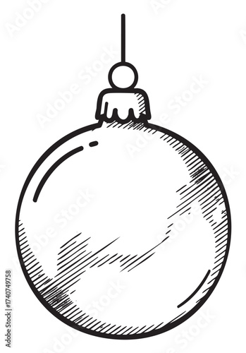 Black outline illustration of a simple spherical christmas ornament with a hanging loop, showcasing a minimal linear style for holiday and decoration themes.