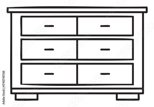 Black outline drawing of a simple six-drawer dresser, featuring two rows with three drawers each, showcasing minimalistic design.