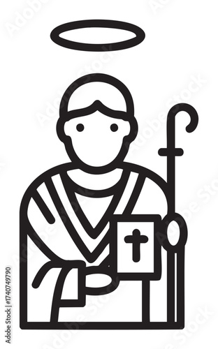 Black outline icon of a religious figure in clerical attire holding a staff and a book with a cross, topped with a halo.