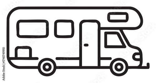Black outline icon of a simple recreational vehicle showing basic features, including wheels, windows, and a door.