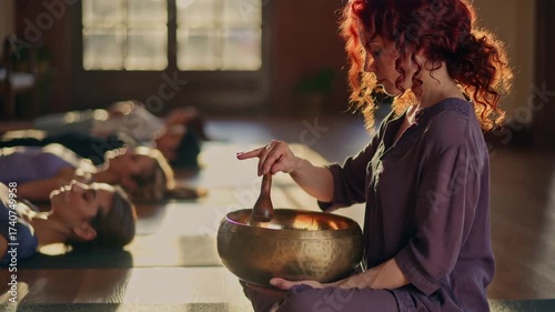 Red-haired woman playing a singing bowl for a group of people lying in savasana pose during a sound bath healing therapy session at sunset