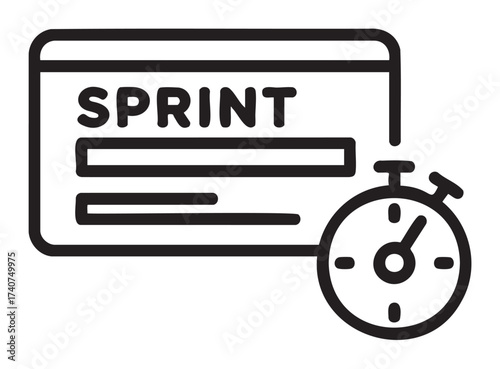 Black outline icon of a stopwatch and a sprint planning board, symbolizing time management in project planning.