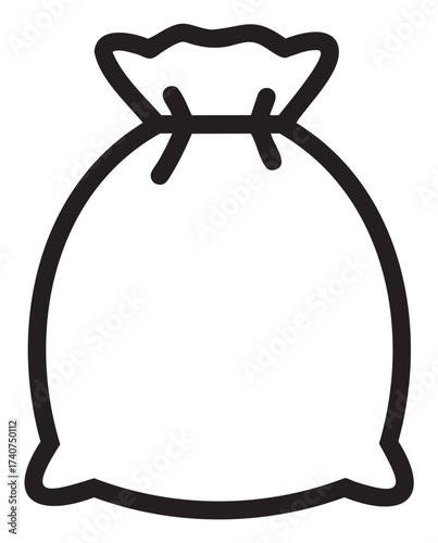 Black outline vector icon of a simple sack with a tied top, representing storage or carrying. ideal for concepts related to goods, groceries, and packaging.