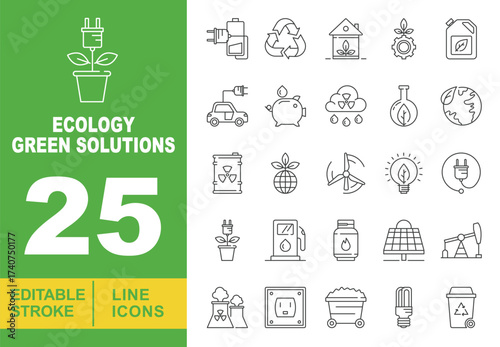 Ecology Green Solutions line icon set. Editable stroke icons for website. Containing battery, recycle, house, plant, gear, canister, car, piggy bank, cloud, flask, globe, barrel, globe, windmill.