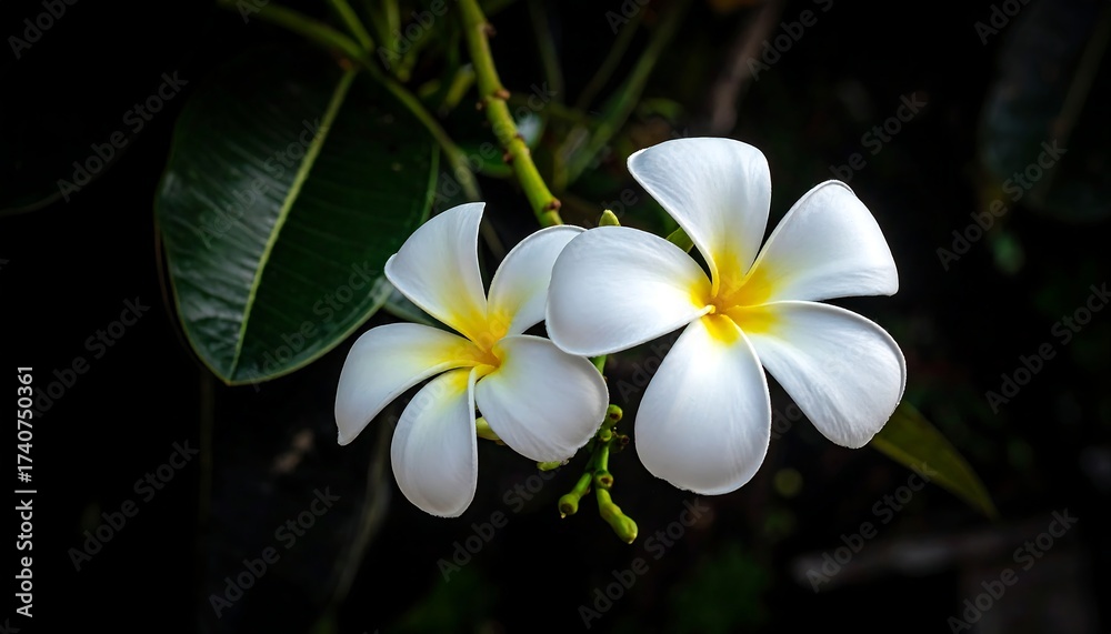 Obraz premium Close-up of two vibrant white and yellow frangipani flowers with a blurred dark background, showcasing their delicate petals and lush leaves
