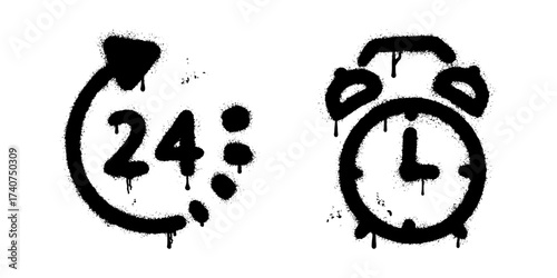 Graffiti street art of 24 hours clock and alarm time icon