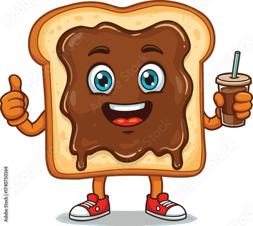 Cute cartoon toast bread character with chocolate spread smiling, holding milkshake, wearing red sneakers, thumbs up, isolated, vector illustration