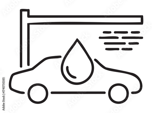 Black outline icon of a car wash with a water droplet symbol on a car, indicating cleaning or service in progress.