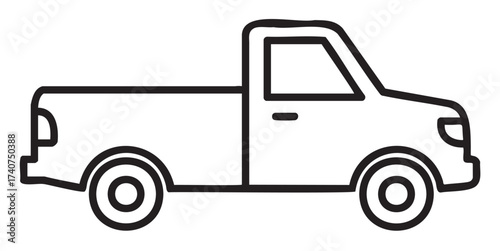 Black outline icon of a basic pickup truck with a simple design, showing a side profile with defined wheels and windows.