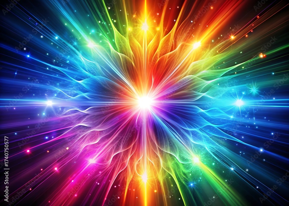 Fototapeta premium Vibrant rainbow explosion of light and energy emanating from a central star