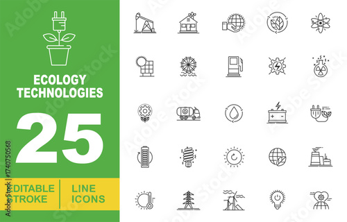 Ecology Technologies set of web icons in line style. Containing an oil derrick, a house, a hand holding a globe, a leaf with a recycle symbol, an atom, a solar panel, a water wheel. Editable stroke