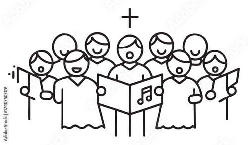 Simple black outline illustration of a church choir with diverse group of people singing from music sheets, under a cross symbol.