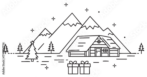 Simple line art depicting a cozy cabin nestled among snow-capped mountains with christmas trees and gift boxes in the foreground.