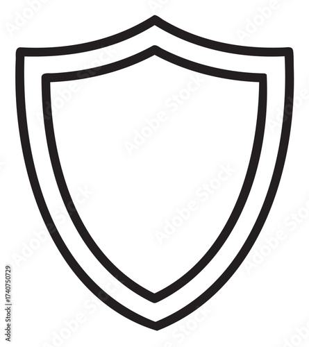Simple black outline of a classic shield icon with a pointed bottom and gently curved top sides, representing protection and security concepts.