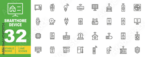 Smarthome Device set of web icons in line style. Containing a microwave, a plant in a pot with a gear, a light bulb with Wi-Fi, an air conditioner, a solar panel, a garage door. Editable stroke