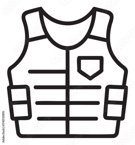 Black outline icon of a tactical vest with pockets and protective padding. simple design for safety, security, and military themes.