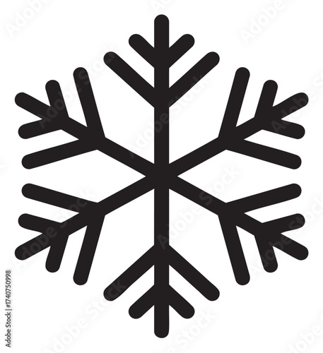 Black outline icon of a simple six-pointed snowflake shape with geometric branches, suitable for winter and holiday themes.