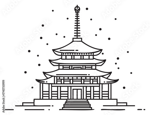 Black outline vector icon depicting a traditional japanese pagoda with three tiers and a tall spire, surrounded by small dots representing snowflakes.