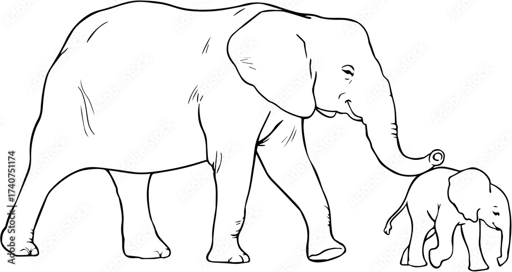 Fototapeta premium ELEPHANT WALKING WITH BABY LINE ART