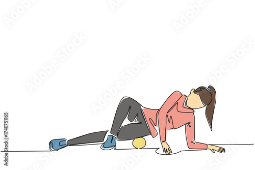 Single continuous line drawing a woman exercising using a foam roller. Demonstrate movements to relax the thigh muscles. Trainer. Gym. National Foam Rolling Day. One line design vector illustration
