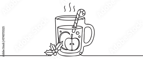 Black outline vector icon of a steaming mug filled with hot cider, featuring a candy cane straw and a sprig of holly for a festive touch.