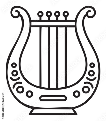 Black outline of a simple lyre with ornate details, featuring curved arms and strings for music and ancient culture themes.