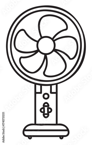 Black outline vector icon of a simple standing electric fan with five blades and control buttons on the base.