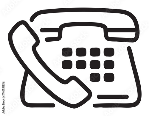 Black outline icon of a vintage rotary telephone with a coiled handset and numerical keypad.