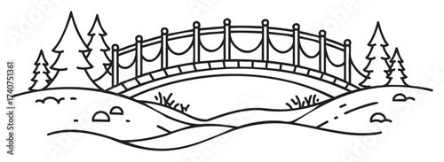 Black outline vector icon of a simple arched bridge with decorative railings spanning over a gentle stream and surrounded by evergreen trees.