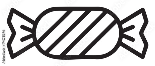 Black outline vector icon of a wrapped candy with diagonal stripes and twisted ends depicting a simple sweet design.