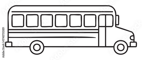 Black outline of a simple school bus with six windows and detailed wheels in a linear style.