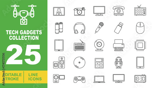 TechGadgets line icon set. Vector pictograms of drone, navigation, camera, monitor, telephone, television, batteries, headphones, microphone, usb, mouse, tablet, radio, webcam. Editable stroke